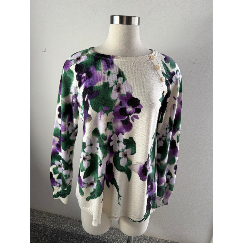 Chicos Womens Medium Floral Watercolor Button Shoulder Sweater Purple Green Top